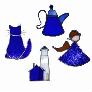 Set of 4 Vintage Leaded Glass Hanging Sun Catchers Stained Glass Decor Ornaments